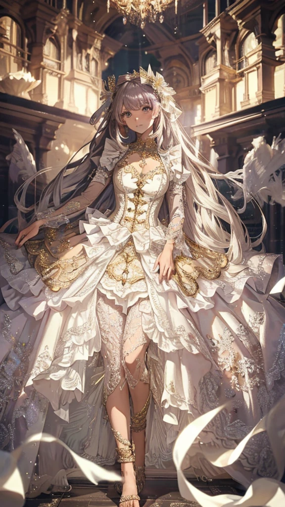 Ultra-realistic photo of a girl in a majestic purple and golden black ball gown dress,big beautiful dress, Intricate billowing ball gown with lots of ruffles and rhinestones, muste piece, art station, fantasy art:1.2), palace room, beautiful cute girl, (long white hair:1.1), (intricate short gold skirt, barefoot:1.2, full body shot)