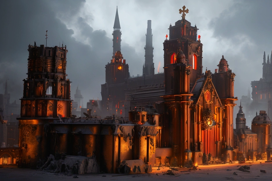 a warhammer 40k mechanicus temple to the omnissiah, gothic city, steampunk, pristine temple with bronze gears and stained glass, (best quality,4k,8k,highres,masterpiece:1.2),ultra-detailed,(realistic,photorealistic,photo-realistic:1.37),intricate details,cinematic lighting,dramatic shadows,glowing lights,brass mechanisms,steam powered machinery,crumbling buildings,rusting pipes,smog filled sky,ominous atmosphere, the cathedral is flanked on either side by red paint themed Titans (god engine Robots with huge weaponry and gothic styling, a tiny cathedral is above each ones shoulders)
