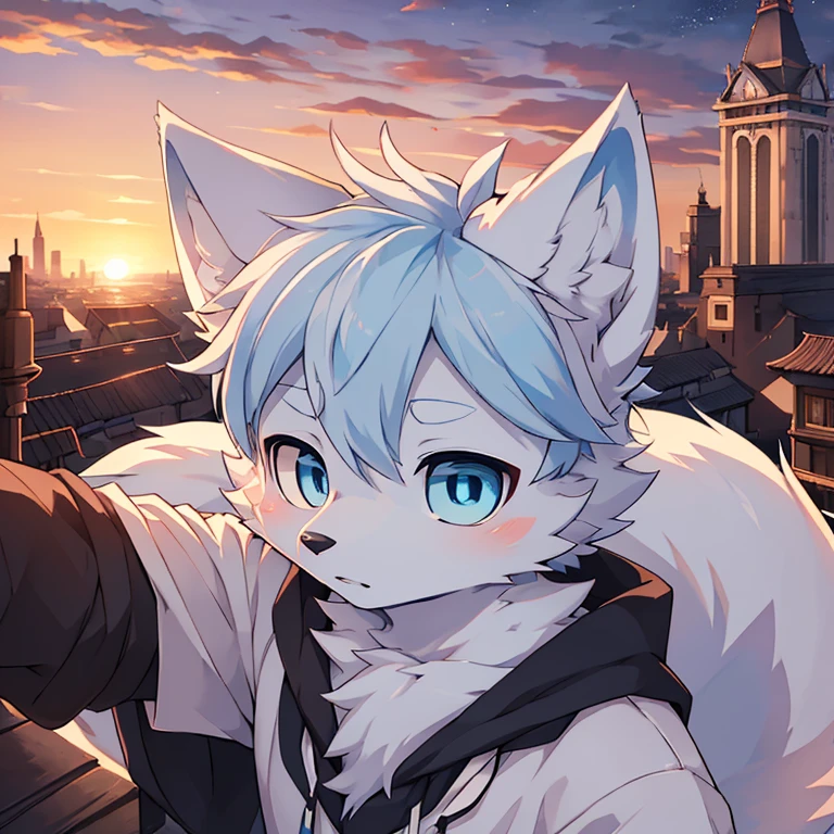 ((Best image quality))，masterpiece，The only person，Very detailed，(Male Arctic fox:1.5), (White skin:1.3), hairy，((Blue pupils))，(White fur:1.3) ,(blue ears),(hairy 动物 耳朵s)，t-shirt，((Ha ha))，Delicate face，Detailed clothes，（（Full body close-up）），Character Close-up，The Ultimate Eye，Night view of big city，，unmanned，Chiaroscuro，Sunset，Colorful clouds，On the roof，Anime style