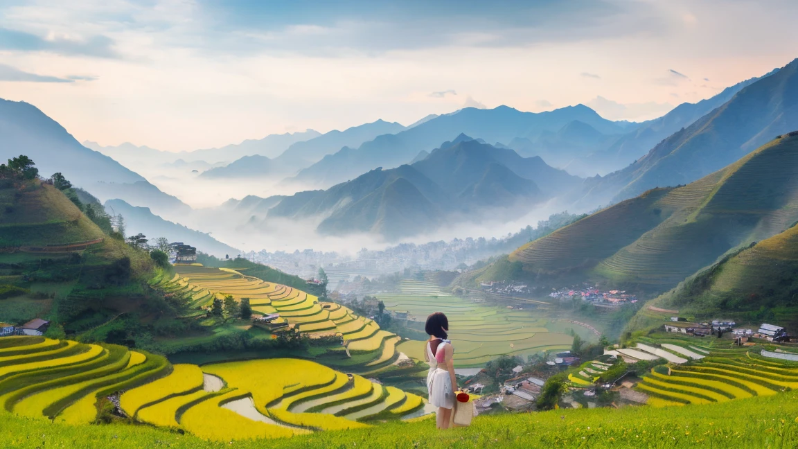 Beautiful Korean women, Chest size 34 inches, Wear sleeveless, Light skirt, Foggy landscape of Sapa, Vietnam, See the rice terraces, medium short hair, Shoot from a distance with a wide-angle lens., Realistic residential landscape, 