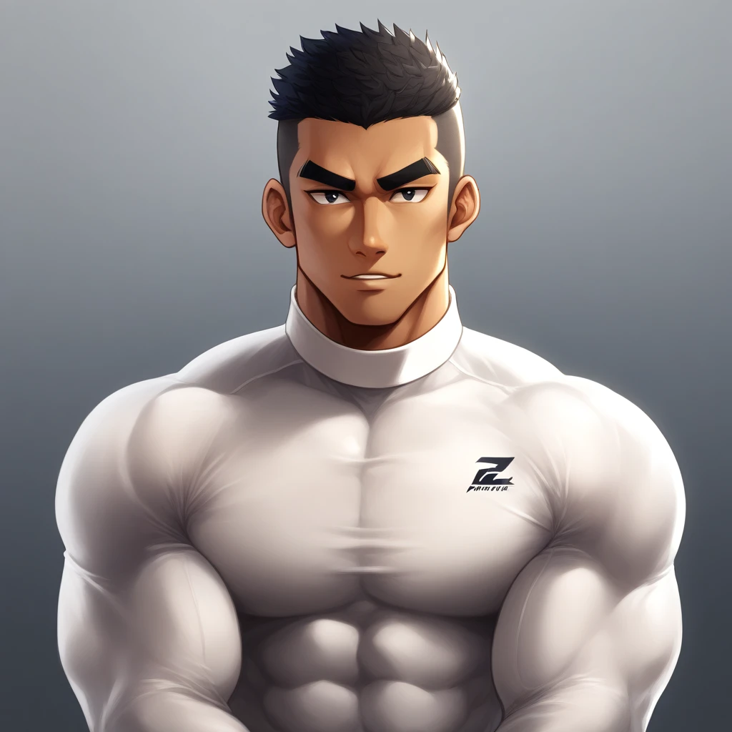 Gyee, Muscle Sports Student, negro black skin, 1 dark skin muscular tough guy, Manliness, male focus, Light white high collar long sleeve tight T-shirt, Slightly transparent material, Very tight, Round, full and perky chest muscles, Slightly transparent, muscular male, muscular, only, Upper body, alone, Black short hair, Thick eyebrows,  black eyes, Grey background, simple background, amazing quality, best aesthetics, Ridiculous, bright pupils, crew cut, parted lips, seductive smile, naughty face, best quality