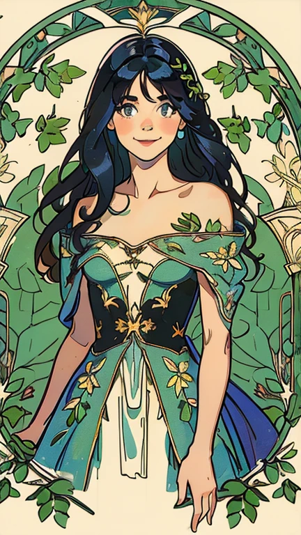 (1girl, solo, highly insanely detailed, masterpiece, top quality, best quality, highres, 4k, 8k, RAW photo),((innocent look)),((Childish)),From the front, symmetrical composition,smile,cute,Innocent,Kind eyes,Flat chest,ArsMJStyle, Art Nouveau Style, forest, vines, (veronica),black hair, long hair 
(v1nedr3ss)