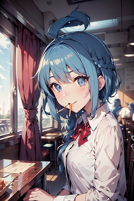 (((beautiful detailed)))(cute face:1.2)1girl, A girl stuffing her mouse with french fries, Girl laughing while eating a french fries, Inside a 2000s-style diner, 2024s-style interior, light Navy blue hair, blue eyes, A short-sleeved white shirt with four vertical bow ties, Ahoge, long bob cut with fluffy hair(sharp lines:1.2)(clear line:1.2)(eye details:1.3)(thick border:1.4) animation cel style,ligne claire, limited palette((masterpiece, high quality, best quality))(high contrast: 0.5),Anna yanami, blue hair, blue eyes, school uniform, makeine, too many losing heroines, watercolor pencil, paper texture,Anna yanami, blue hair, blue eyes, school uniform, makeine, too many losing heroines, 