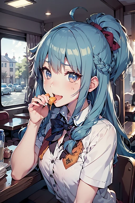 (((beautiful detailed)))(cute face:1.2)1girl, A girl stuffing her mouse with french fries, Girl laughing while eating a french fries, Inside a 2000s-style diner, 2024s-style interior, light Navy blue hair, blue eyes, A short-sleeved white shirt with four vertical bow ties, Ahoge, long bob cut with fluffy hair(sharp lines:1.2)(clear line:1.2)(eye details:1.3)(thick border:1.4) animation cel style,ligne claire, limited palette((masterpiece, high quality, best quality))(high contrast: 0.5),Anna yanami, blue hair, blue eyes, school uniform, makeine, too many losing heroines, watercolor pencil, paper texture,Anna yanami, blue hair, blue eyes, school uniform, makeine, too many losing heroines, 