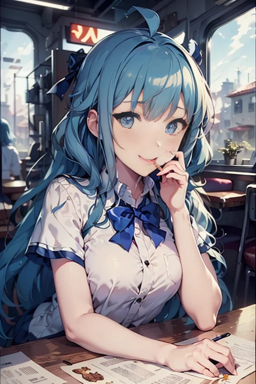 (((beautiful detailed)))(cute face:1.2)1girl, A girl stuffing her mouse with french fries, Girl laughing while eating a french fries, Inside a 2000s-style diner, 2024s-style interior, light Navy blue hair, blue eyes, A short-sleeved white shirt with four vertical bow ties, Ahoge, long bob cut with fluffy hair(sharp lines:1.2)(clear line:1.2)(eye details:1.3)(thick border:1.4) animation cel style,ligne claire, limited palette((masterpiece, high quality, best quality))(high contrast: 0.5),Anna yanami, blue hair, blue eyes, school uniform, makeine, too many losing heroines, watercolor pencil, paper texture,Anna yanami, blue hair, blue eyes, school uniform, makeine, too many losing heroines, 