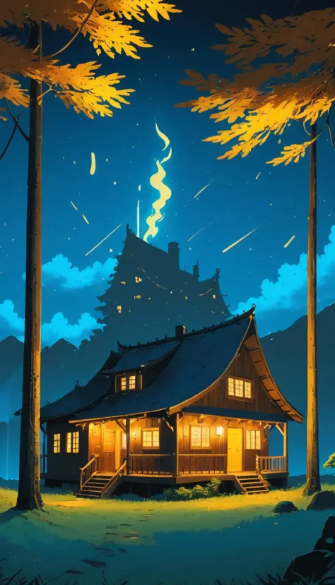 masterpiece!!!! 8k an anime ghibli style cabin!!!!! the image shows a serene night scene of a house under a tree, hills, golden ...