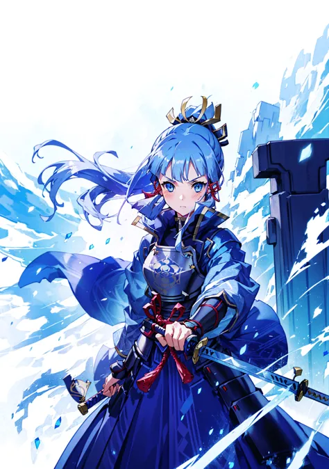 view the viewer, 1 girl,  highest quality, blue hair, blue eyes, japanese style armor, sword in hand, electricity, kamisato ayak...