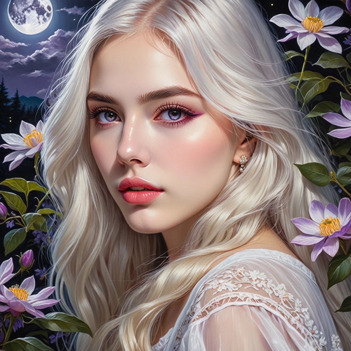 (best quality,4k,8k,highres,masterpiece:1.2),ultra-detailed,(realistic,photorealistic,photo-realistic:1.37),oil painting,beautiful detailed eyes,beautiful detailed lips,long eyelashes,purple eyes,girl with long white hair,blushing,wearing a cropped top and a skirt,night scene,moonlight,flowers,shining eyes,sunlight