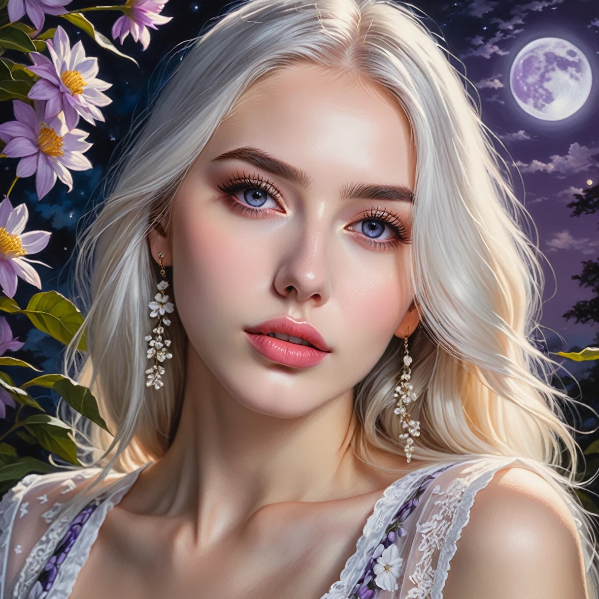 (best quality,4k,8k,highres,masterpiece:1.2),ultra-detailed,(realistic,photorealistic,photo-realistic:1.37),oil painting,beautiful detailed eyes,beautiful detailed lips,long eyelashes,purple eyes,girl with long white hair,blushing,wearing a cropped top and a skirt,night scene,moonlight,flowers,shining eyes,sunlight