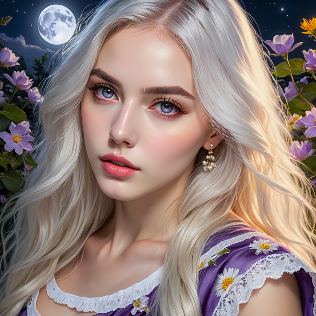 (best quality,4k,8k,highres,masterpiece:1.2),ultra-detailed,(realistic,photorealistic,photo-realistic:1.37),oil painting,beautiful detailed eyes,beautiful detailed lips,long eyelashes,purple eyes,girl with long white hair,blushing,wearing a cropped top and a skirt,night scene,moonlight,flowers,shining eyes,sunlight