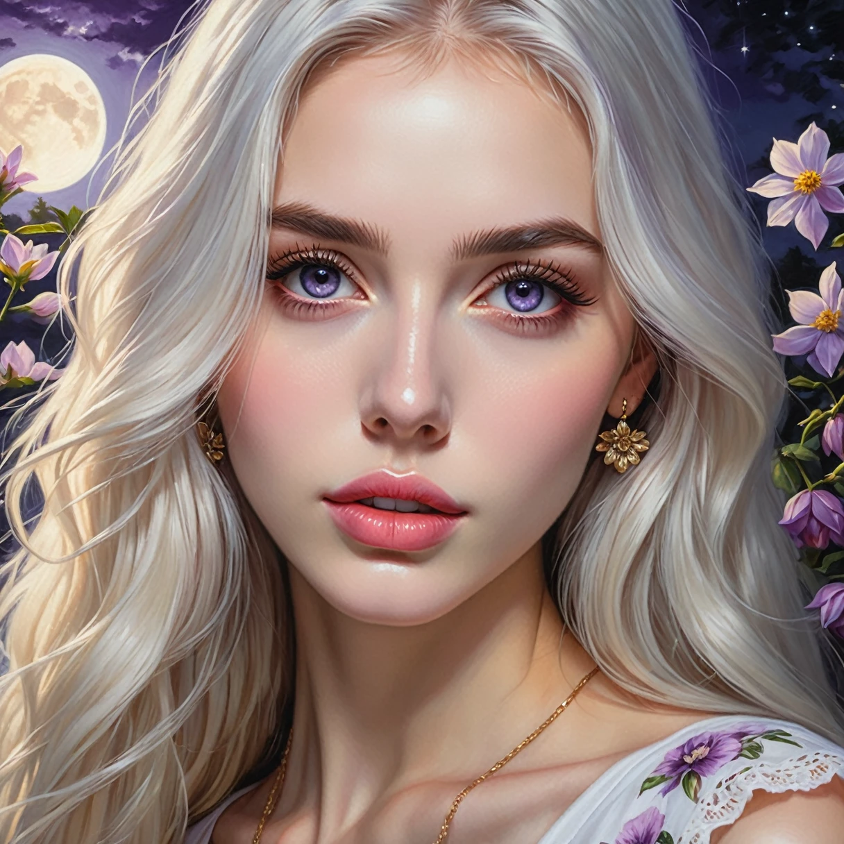 (best quality,4k,8k,highres,masterpiece:1.2),ultra-detailed,(realistic,photorealistic,photo-realistic:1.37),oil painting,beautiful detailed eyes,beautiful detailed lips,long eyelashes,purple eyes,girl with long white hair,blushing,wearing a cropped top and a skirt,night scene,moonlight,flowers,shining eyes,sunlight