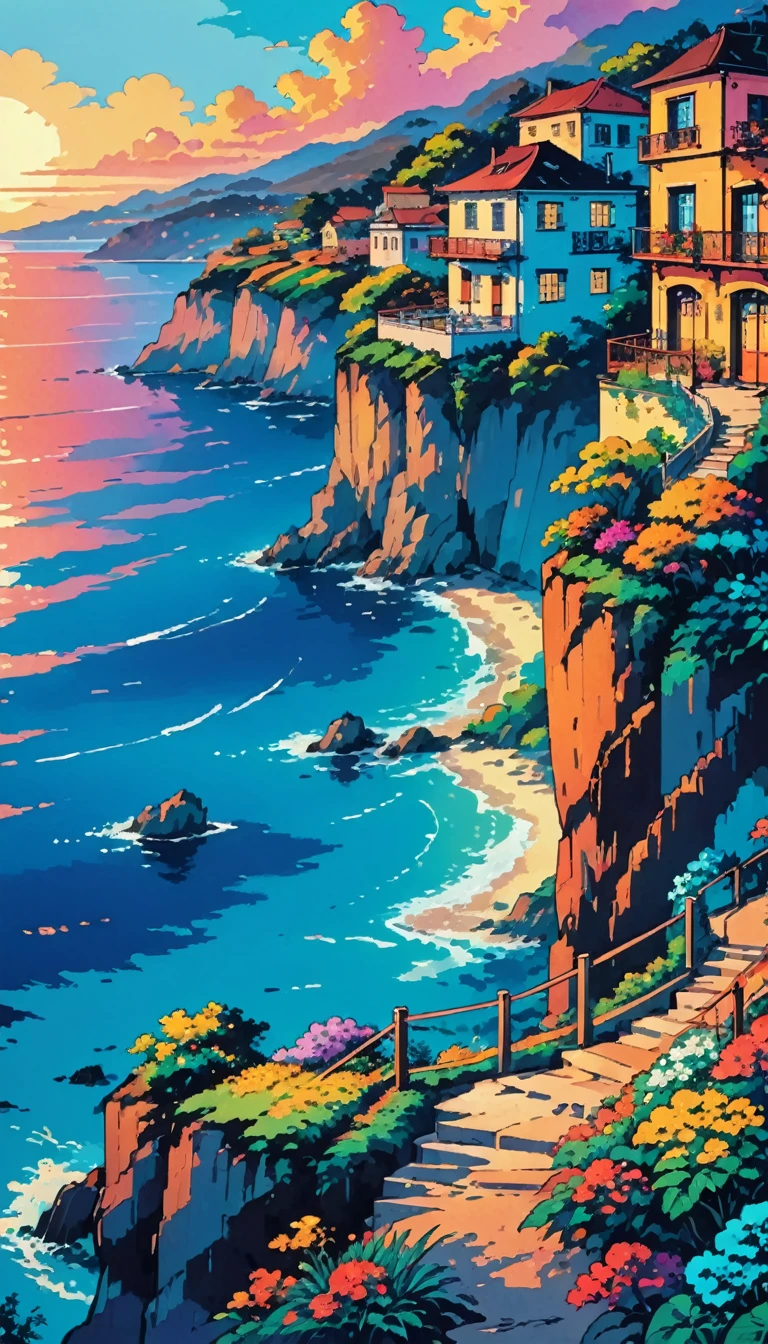 painting of a house on a cliff overlooking the ocean, colorful landscape painting, scenery artwork, dream scenery art, overlooking the ocean, scenery art detailed, amazing landscape, fantastic landscape, detailed painting 8 k, vibrant gouache painting scenery, extraordinary colorful landscape, colorful sunset, painted landscape, rich picturesque colors, beautiful painting, a beautiful painting, landscape scenery
