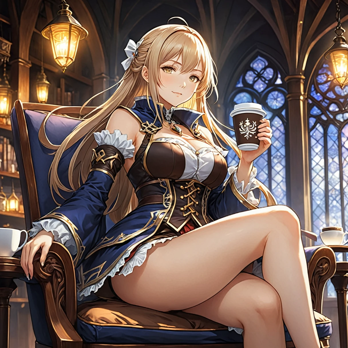 Anime girl sitting on a chair with a coffee cup in her hand, Alchemist Girl, Light novel cover, Official Art, Epic light novel art cover, Official Artwork, epic Light novel cover, change, isekai, small curve change, Crush Lease, Kshat Krentz Key Art Feminine, Shadowverse Style, Moe Dwarf,