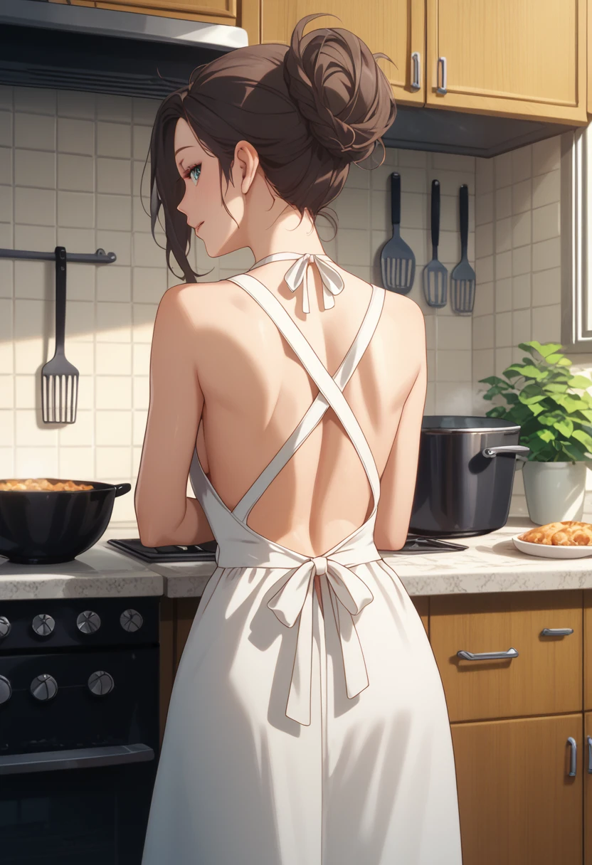 A cute mother in a nude apron standing in the kitchen，Cooking with your back to the kitchen.