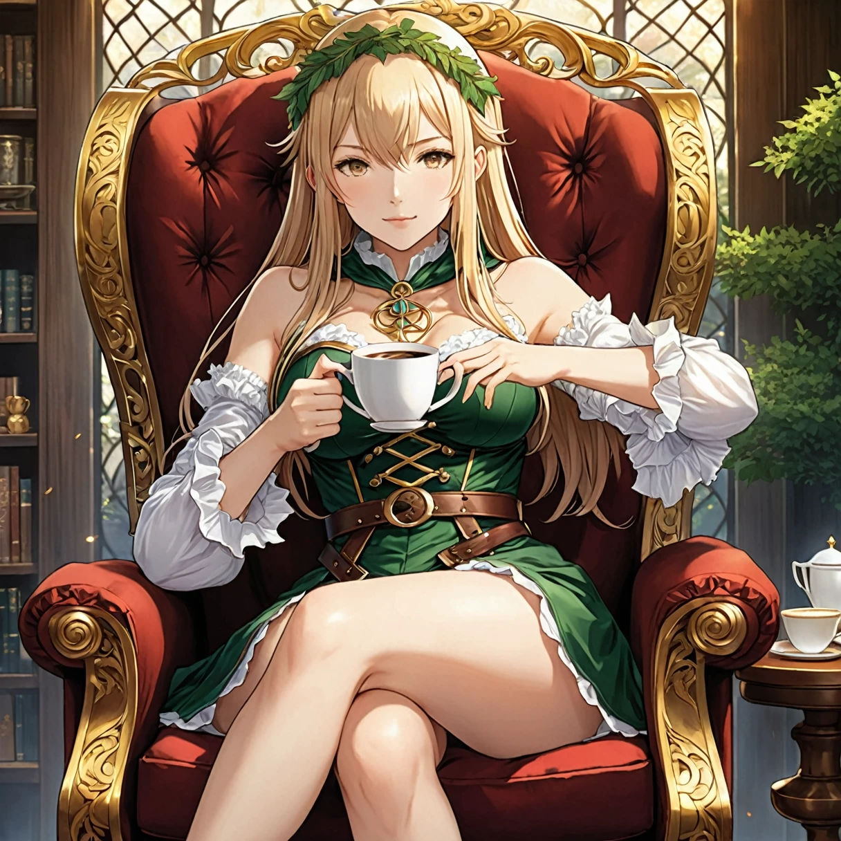 1girl sitting in a chair holding a coffee cup, alchemist girl, light novel cover, official art, epic light novel art cover, official art work, epic light novel cover, transformation, isekai, subtle transformation, kushaht wreath, kushaht krenz key art feminine, shadowverse style, moe dwarf