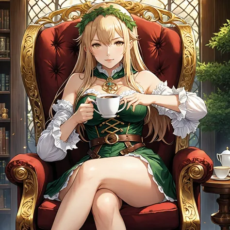 1girl sitting in a chair holding a coffee cup, alchemist girl, light novel cover, official art, epic light novel art cover, offi...