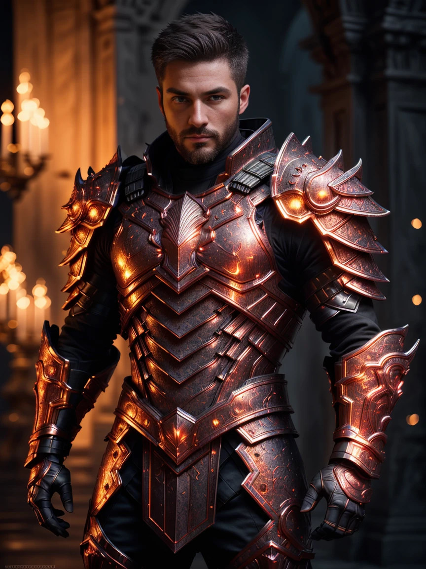 1man, A shot of a charismatic male fitness model, 30 years old，small beard, Sexy and charming expression，gloomy eyes，Blue eyes, captured in a castle, emb3r4rmor, wearing a embers spartan armor, dynamic pose, night lighting, cinematic and moody, (best quality,4k,8k,highres,masterpiece:1.2),ultra-detailed,(realistic,photorealistic,photo-realistic:1.37),HDR,studio lighting,professional,vivid colors,dramatic lighting