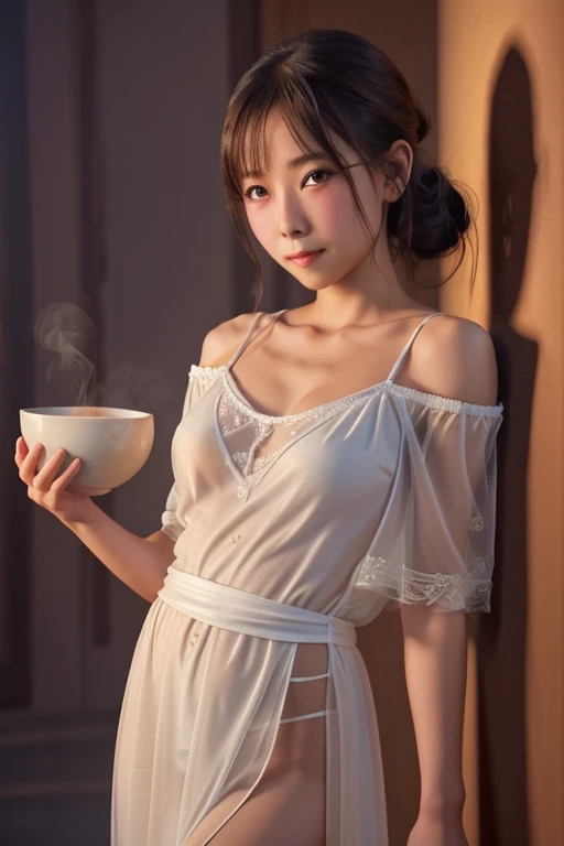 a cute yuna, 2, wearing a sheer night gown without underwear, off the shoulders, leaning against a wall, enjoying a bowl of steamy hot noodle soup using chopsticks, joyful expression, light shining through the gown, intricate detailed face, beautiful detailed eyes, beautiful detailed lips, extremely detailed eyes and face, long eyelashes, highly detailed, 8k, photorealistic, studio lighting, physically-based rendering, concept art, warm color tones, chiaroscuro lighting
