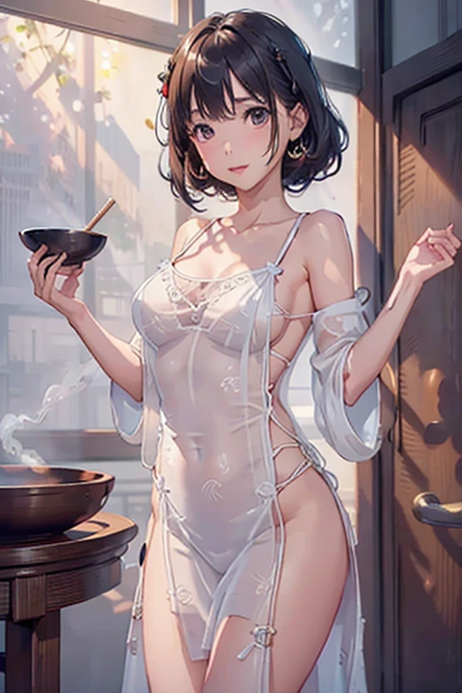 a cute yuna, 2, wearing a sheer night gown without underwear, off the shoulders, leaning against a wall, enjoying a bowl of steamy hot noodle soup using chopsticks, joyful expression, light shining through the gown, intricate detailed face, beautiful detailed eyes, beautiful detailed lips, extremely detailed eyes and face, long eyelashes, highly detailed, 8k, photorealistic, studio lighting, physically-based rendering, concept art, warm color tones, chiaroscuro lighting
