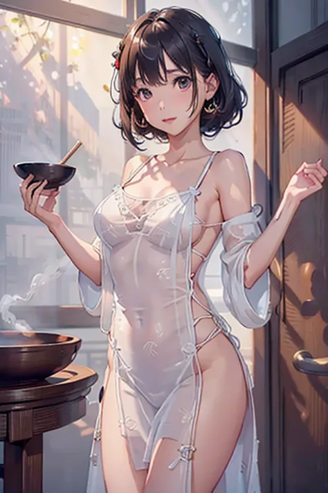 a cute yuna, 2, wearing a sheer night gown without underwear, off the shoulders, leaning against a wall, enjoying a bowl of stea...