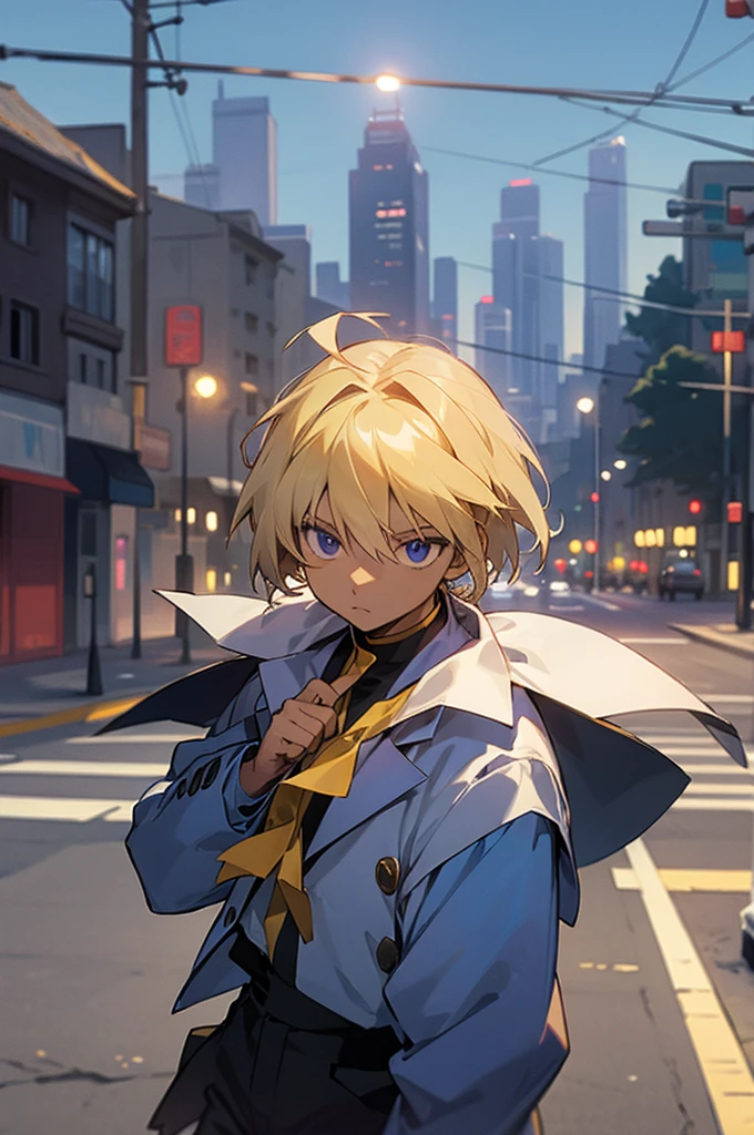 Catawba hair color, male, city background, street clothes, black skin color, Kurapika Clothing