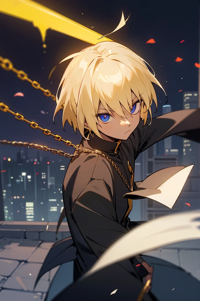 Catawba hair color, male, city background, street clothes, black skin color, priest robes, chain, Kurapika clothing