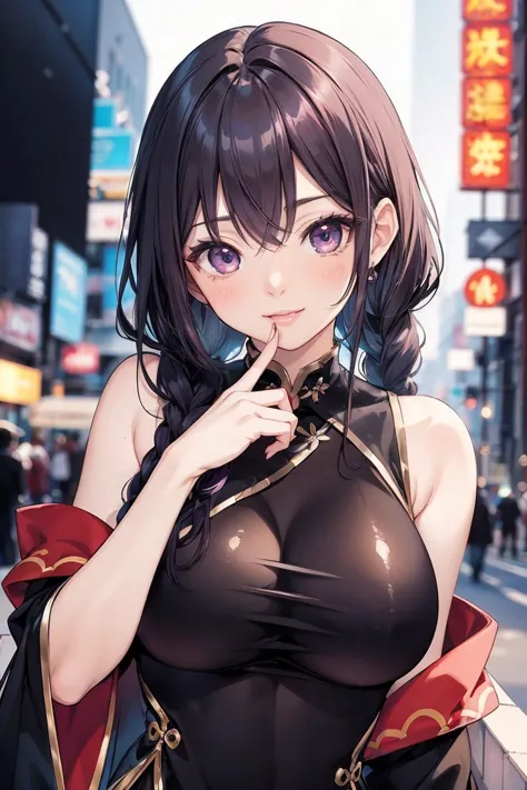 realistic, a glamour shot of a shy asian waifu with a wide smile (extremely long wavy purple hair), hand on her chin, hard nippl...