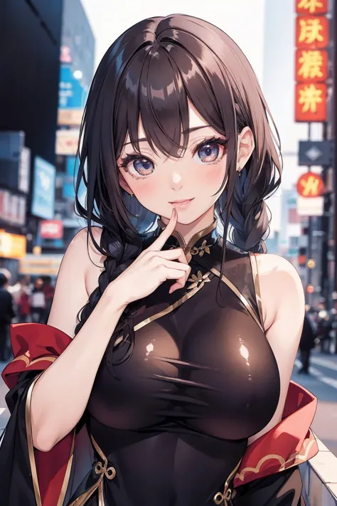 realistic, a glamour shot of a shy asian waifu with a wide smile (extremely long wavy black hair), hand on her chin, hard nipple...