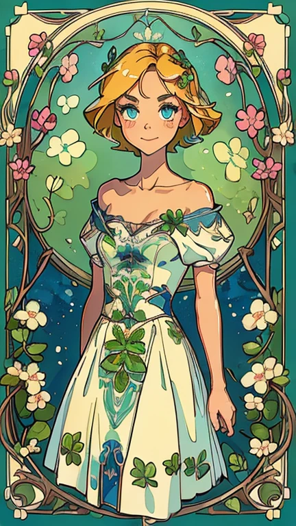 (1girl, solo, highly insanely detailed, masterpiece, top quality, best quality, highres, 4k, 8k, RAW photo),((innocent look)),((Childish)),From the front, symmetrical composition,smile,cute,Innocent,Kind eyes,Flat chest,ArsMJStyle, Art Nouveau Style, forest, vines, (clover \(totally spies\)), blonde hair, short hair, blue eyes,
(v1nedr3ss)