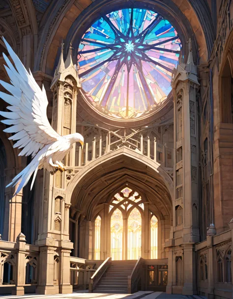 a architectural design of a celestial temple with angelic wings, towers, bridges, turrets, gates stained glass windows,