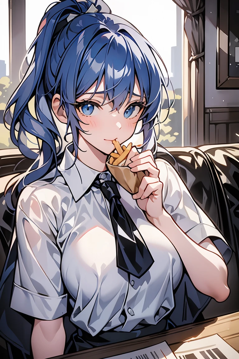 (((beautiful detailed)))(cute face:1.2)1girl, A girl stuffing her face with french fries, Girl crying while eating a pile of french fries, Inside a 2000s-style diner, 1950s-style interior, light Navy blue hair, blue eyes, A short-sleeved white shirt with four vertical bow ties, Ahoge, long bob cut with fluffy hair(sharp lines:1.2)(clear line:1.2)(eye details:1.3)(thick border:1.4) animation cel style,ligne claire, limited palette((masterpiece, high quality, best quality))(low contrast: 0.5),Anna yanami, blue hair, blue eyes, school uniform, makeine, too many losing heroines,Watercolor style, watercolor pencil, paper texture,90s style,Anna yanami, blue hair, blue eyes, school uniform, makeine, too many losing heroines, 