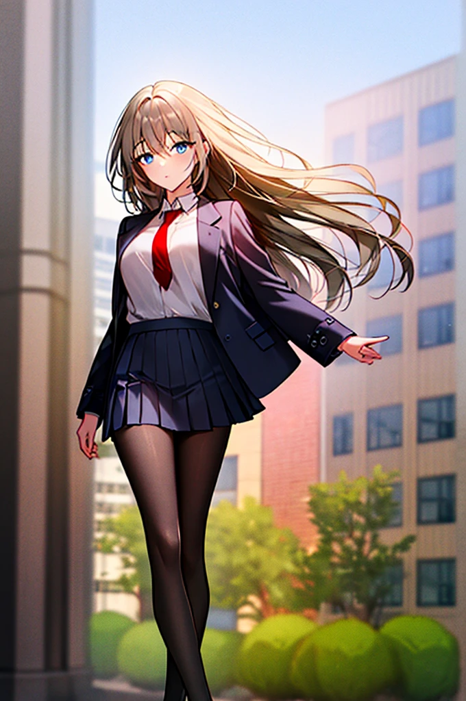 Masterpiece, UHD, anatomically correct, super detail, perfect details, special details, top quality, high qual, high quality, best detail, best quality, 8k, 1080P, 16k, award winning, highres, bright mood, mature girl, , long hair, very long hair, long gray hair, blue eyes, black jacket, black pleated skirt, red tie, standing, room, detailed background