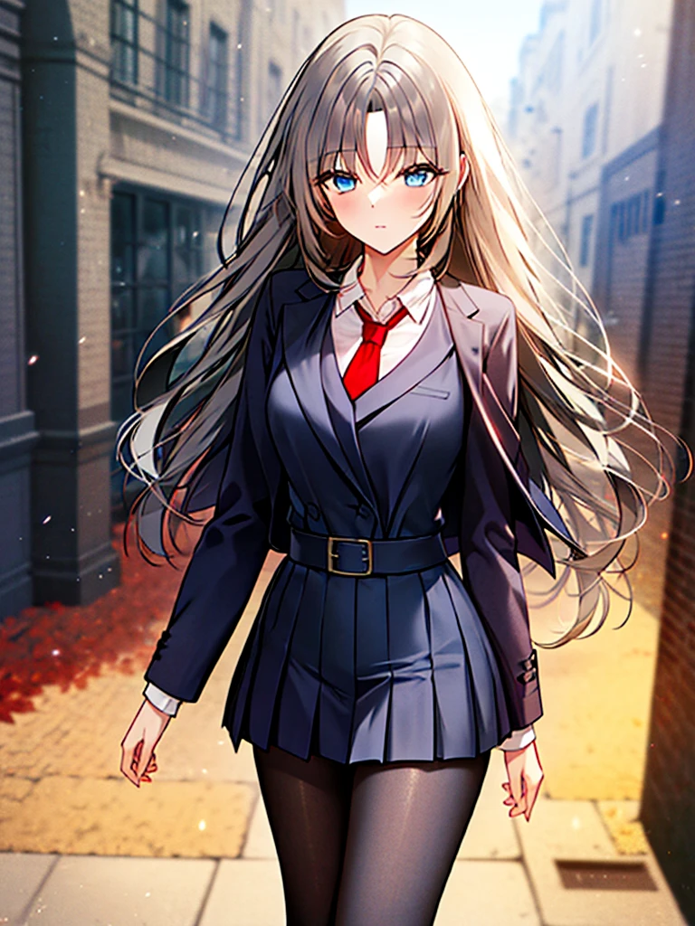 Masterpiece, UHD, anatomically correct, super detail, perfect details, special details, top quality, high qual, high quality, best detail, best quality, 8k, 1080P, 16k, award winning, highres, bright mood, mature girl, , long hair, very long hair, long gray hair, blue eyes, black jacket, black pleated skirt, red tie, standing, room, detailed background