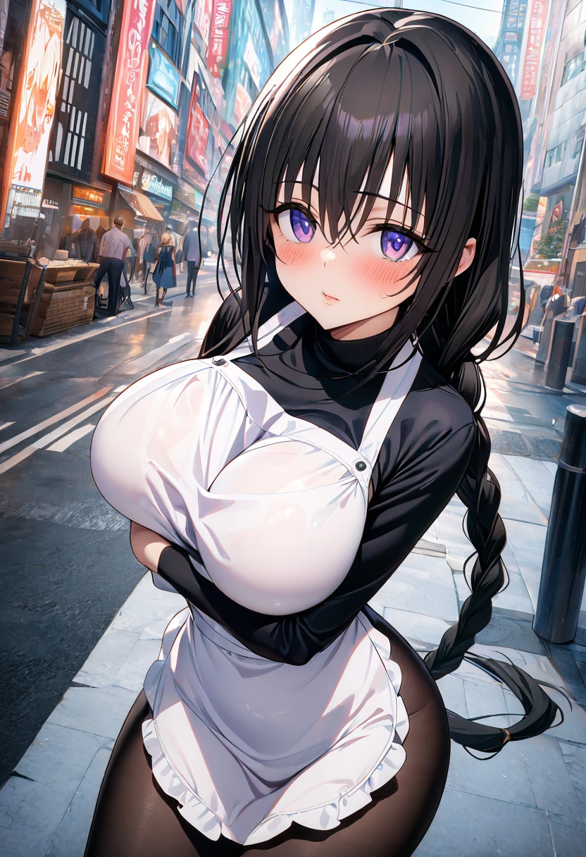 ((masterpiece,Best Quality,8k,Ultra-high resolution)),  1 person　、Adult women in their 20s　,  Momo Juvenile Deviluke,                                     Browse your audience　、　blush　 、     Black Hair　　、(Part your bangs in the middle) 、　Braided Ponytail　, Long Hair　　 、Light purple eyes　、　The body is slim　,   Big Breasts　、　(Breast Apron　)、　Thin tights　、　City、　(Gal Peace)