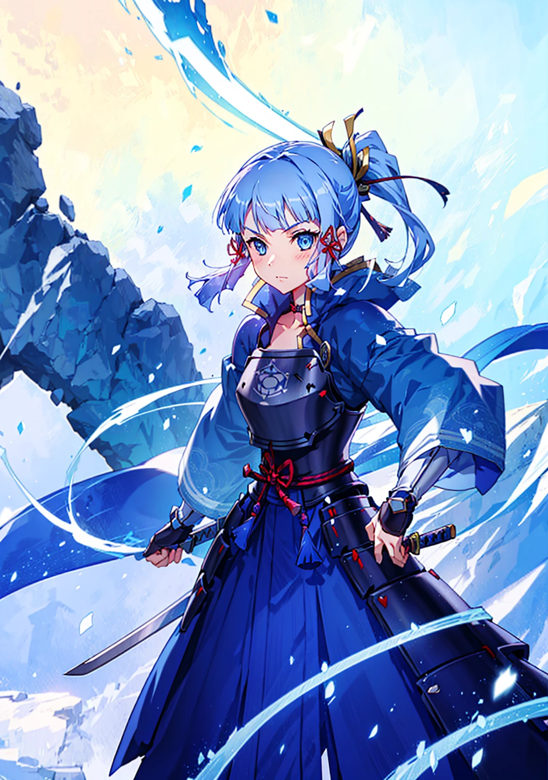 View the viewer, 1 Girl,  Highest quality, Blue Hair, blue eyes, Japanese style armor, Sword in hand, electricity, kamisato ayaka, whole body, blush, Serious face、Very detailed、high resolution、High resolution、Written boundary depth,White Background,A sword as big as your body