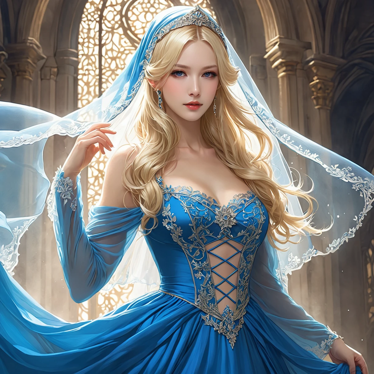 Wearing a blue dress and veil、Blonde woman with a veil on her head, Beautiful fantasy maiden, 詳細なFantasy art, 美しいFantasy art, blonde princess, Art Station Pixiv&#39;ArtJam, Beautiful maiden, ((Beautiful Fantasy Empress)), 2. 5D CGI Anime Fantasy Artwork, Fantasy artスタイル, Detailed digital anime art, Fantasy art