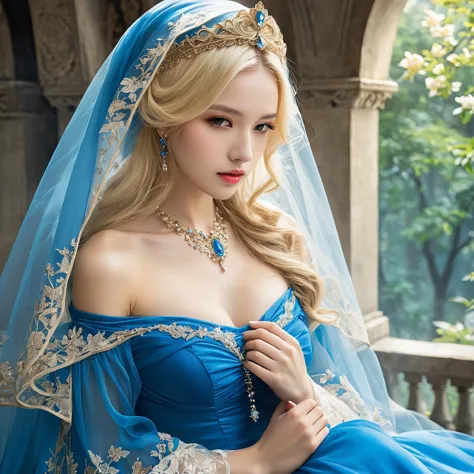 wearing a blue dress and veil、blonde woman with a veil on her head, beautiful fantasy maiden, 詳細なfantasy art, 美しいfantasy art, bl...