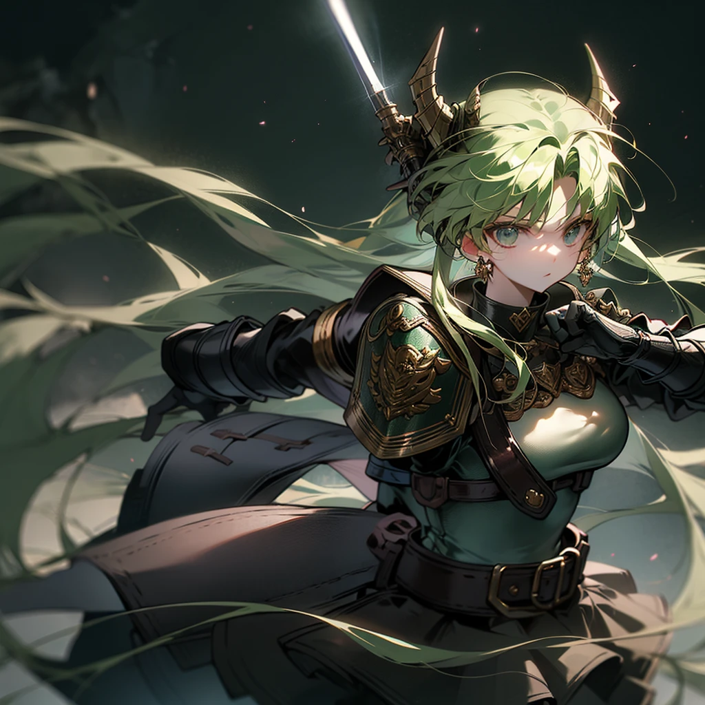 最high quality、high quality、Leather clothing and skirts、Dark green armor、Girl Adventurer、Equipped with a dagger and a leather shield、