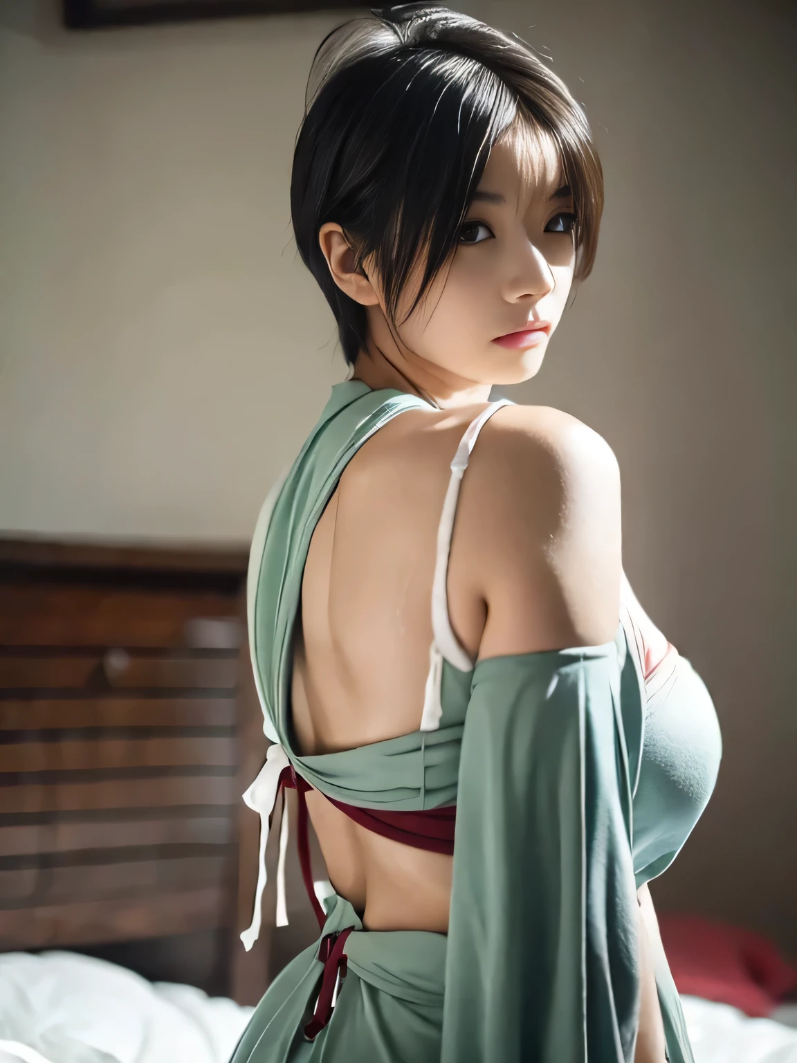 20 year old Japanese beauty，One woman、Muscular body like a bodybuilder、Emphasize the breasts、Slit eyes、A head-to-toe view，Bust is very very large、The background is a bed、High quality photos、Clear, crisp images of the lower body、Masterpiece 8k、From the front, from the side, from the back, etc.々from what camera angle to shoot、White semen is poured all over the body、A look of despair、Dragon Quest III Female Sage Cosplay