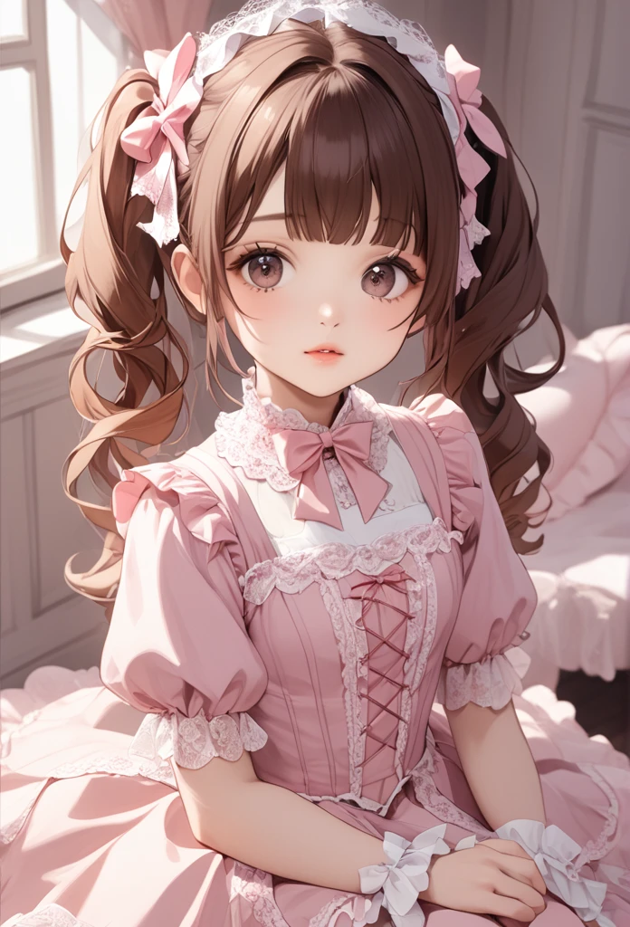 A beautiful girl with long Brown hair, twin tails and a ribbon on her head. She is wearing a pink　gothic lolita outfit with lots of lace . Cute and beautiful.