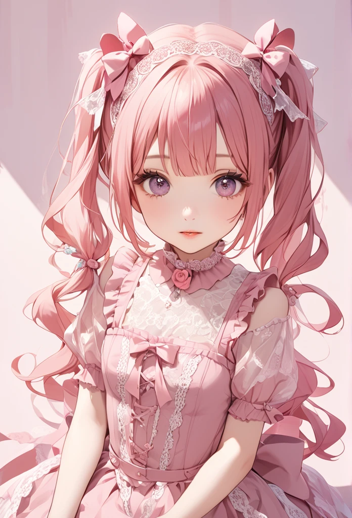 A beautiful girl with long pink hair, twin tails and a ribbon on her head. She is wearing a pink gothic lolita outfit with lots of lace . Cute and beautiful.