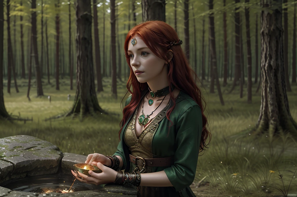 Create the Celtic goddess Cerridwen with red hair and a Celtic torque around her neck on the edge of her magic cauldron in the center of a stone circle like Stonehenge in a landscape like a magical forest.