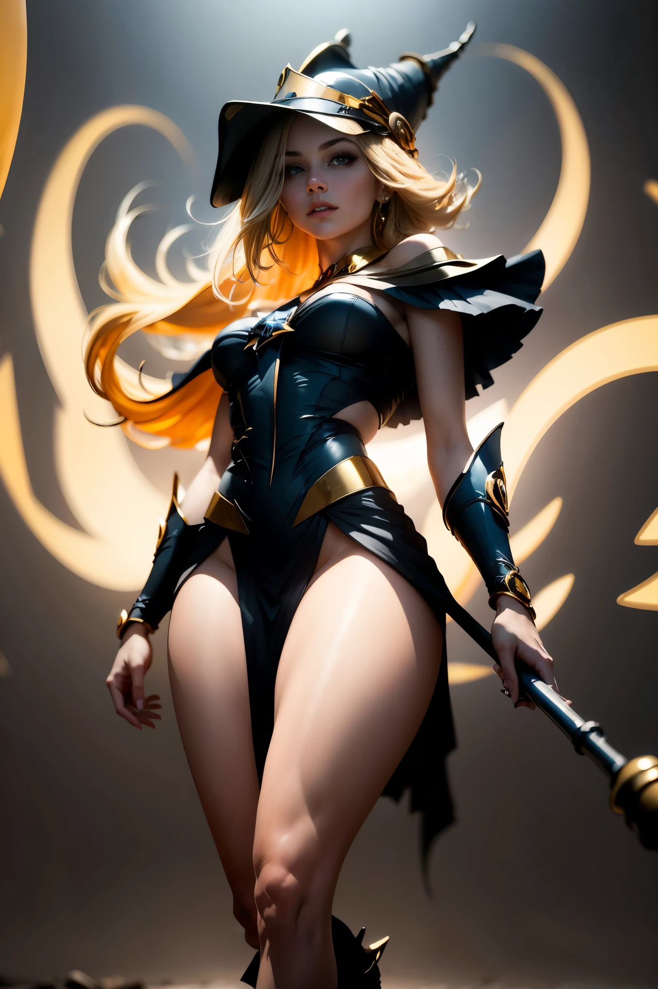 (8K,Photorealistic　Raw Photography　The highest quality;1.4) 　(1 girl in)　Super beauty AND CHARISMA　(realistic face)　Female body 　(Blonde with long curls)　Hold a black and red magic wand　combat scene　Magic hat with black and gold exterior.　Beautiful expression　dazzling　(Real looking skin)　(Dark mages)　tempting　super high resolution　A hyperrealist　High detail　full body photo　remains, DARK MAGICIAN GIRL YUGIOH ,BLONDE BLUE EYES ,voluptuous