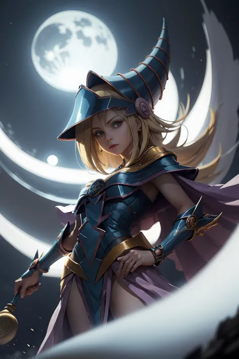 "photograph of a dark magician golden sorceress under the moonlight, atmospheric, hora dorada, encantador, oscuro y encantador."