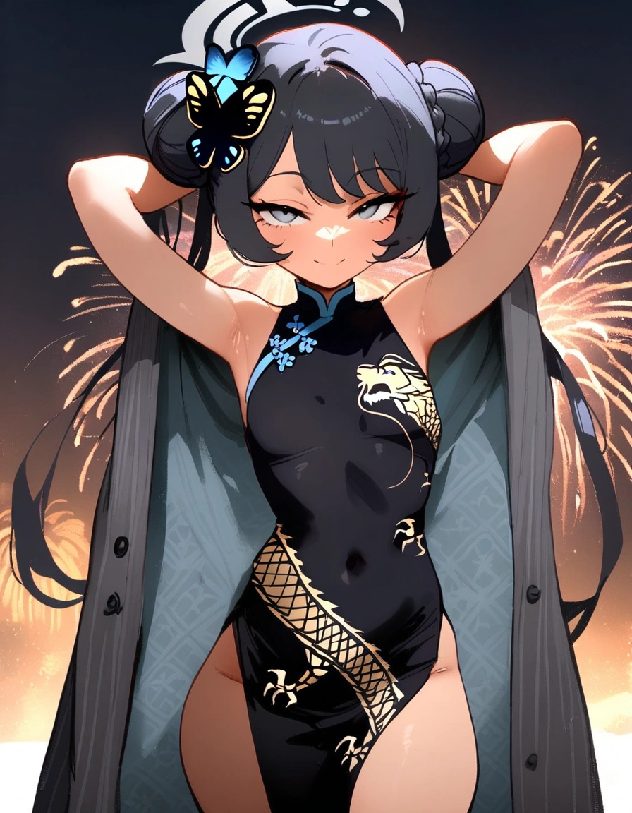 1girl, kisaki \(blue archive\), blue archive , \\\\\ masterpiece, best quality, newest, ///// nyantcha, khyle, cutesexyrobutts \\\\\ highres, absurdes. , solo, naughty smile, straight-on, black hair tied in a bun, with two longer strands framing her face and side-swept bangs. She has two butterfly decorations that hold her bun firmly and grey eyes. small girl, china dress, fireworks, night, coat, arms behind head, braided double buns
