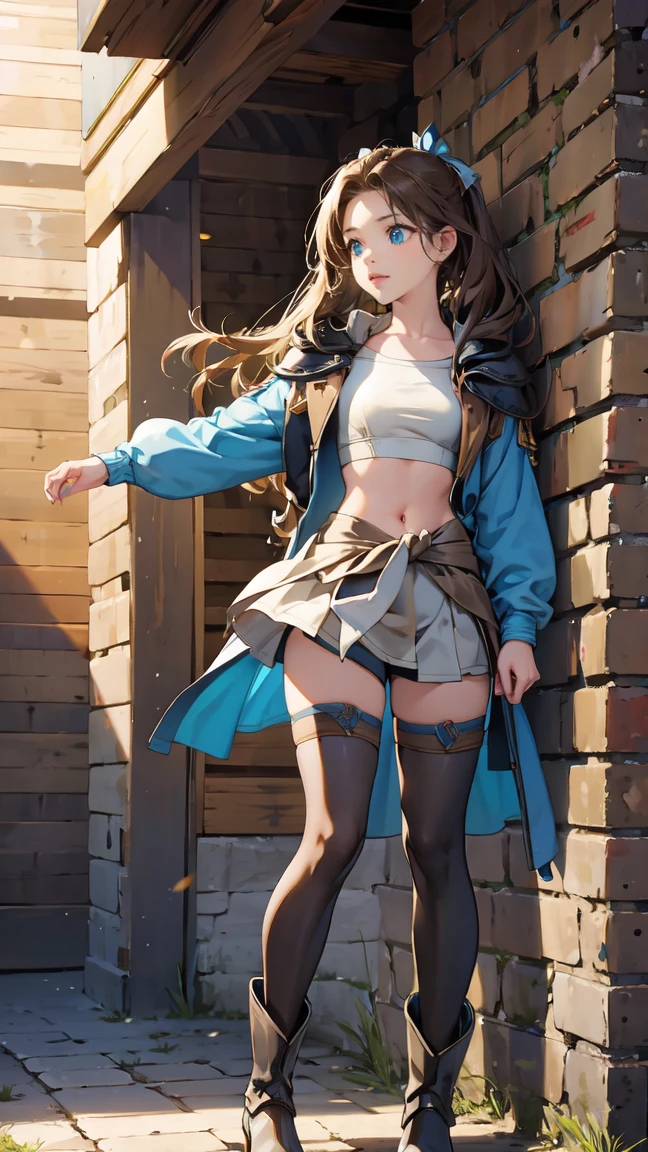 1masterpiece, perfectly detailed, high-resolution, 4k quality. Full body, 1girl, solo, mature woman, long brown hair, hime cut stile, blue eyes almond, medium breasts, collarbone, hip bones, adventurer, sports bra, bicycle shorts, miniskirt, bicycle shorts under miniskirt,  open mini jacket, puffed poet sleeves,  high heels boots, thigh_highs, caramel sword, caramel bow, anime style, medieval fantasy style, 