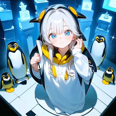 (ultra hd, ultra hd, 16k) 1 girl, marble bust (on a pedestal, chess piece, (wearing kigurumi, an emperor penguin), cute mini-gir...