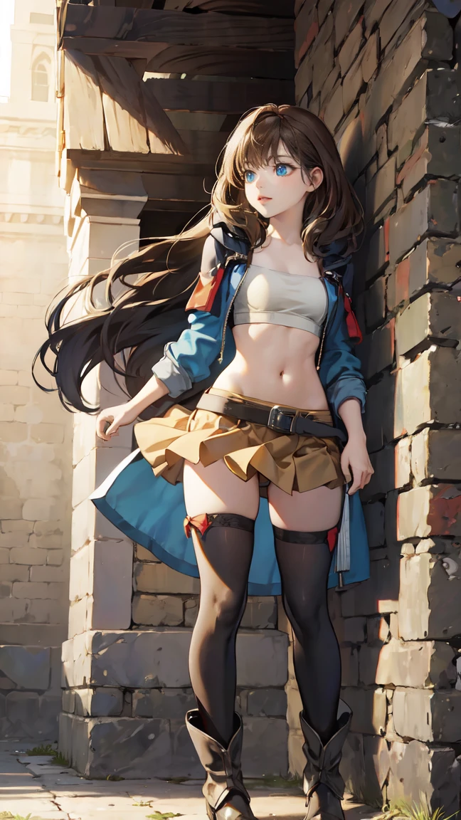 1masterpiece, perfectly detailed, high-resolution, 4k quality. Full body, 1girl, solo, mature woman, long brown hair, hime cut stile, blue eyes almond, medium breasts, collarbone, hip bones, adventurer, sports bra, bicycle shorts, miniskirt, bicycle shorts under miniskirt,  open mini jacket, puffed poet sleeves,  high heels boots, thigh_highs, caramel sword, caramel bow, anime style, medieval fantasy style, 