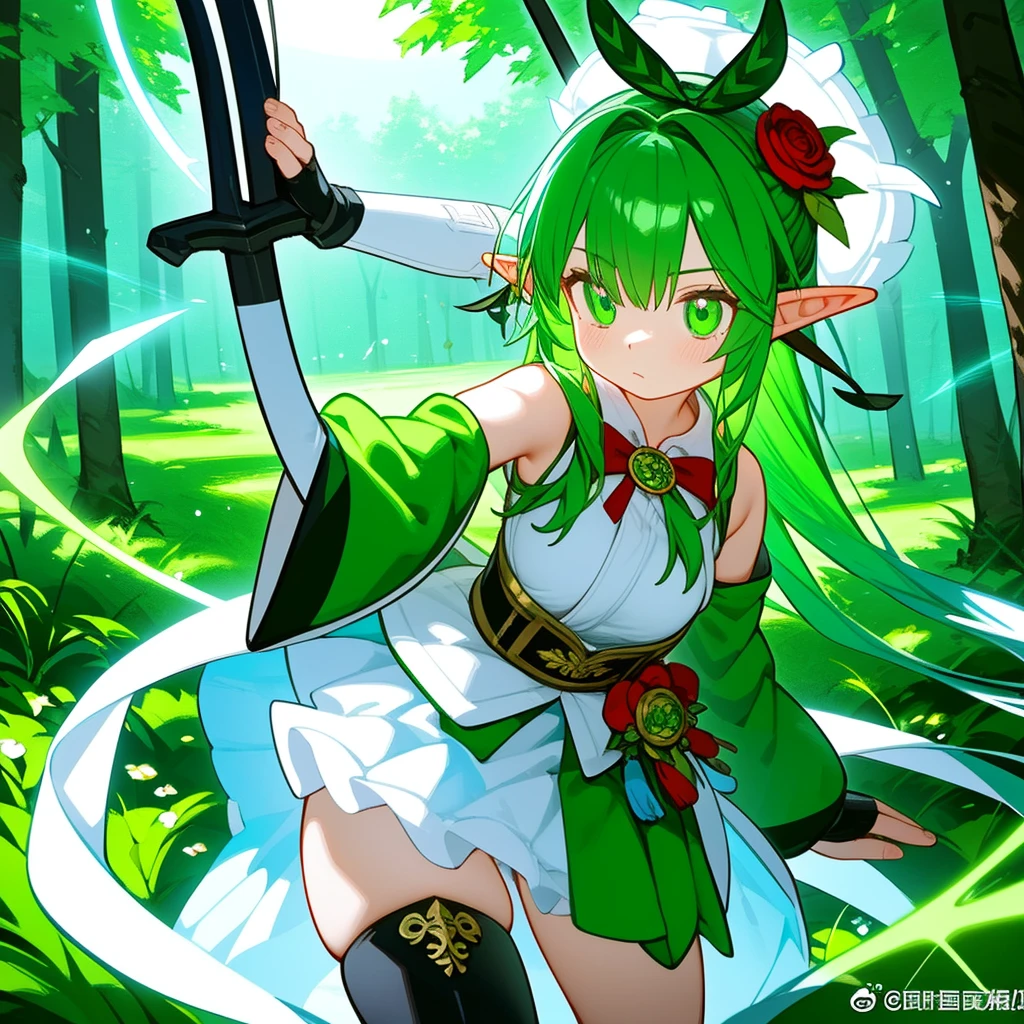 Fraction_9_up, Fraction_9, Fraction_8_Direction_7_up, src_Japanese cartoons,masterpiece, best quality, high resolution, Extremely detailed CG, Absurd, high resolution, 1 Girl, Solitary, in the daytime forest, a elf girl, skirted in shoulderless light armor and thigh boots, takes aim at the sky with a bow and arrow, spinning green light effects around the arrow, The wind swirled around, There are leaves flying everywhere and light effects. Laurel wreath, jewel embellishment, Mysterious and sacred atmosphere. aim, 射arrow, arrow \(Projectiles\), bangs, bow \(arms\), breast, Shut up, corset, drawing bow, skirt, elf, fingerless Gloves, Flowing hair, flower, forest, Gloves, green skirt, Green Eyes, Hair flower white, hair flower, Hair accessories, Keep, Keep arrow, Keep bow \(arms\), Keep arms, leaf, Light Particles, Long hair, Look away, looking off to the side, nature, outdoor, Outstretched Arms, Pointed ears, quiver, Rose, serious, Solitary, Watermark, arms