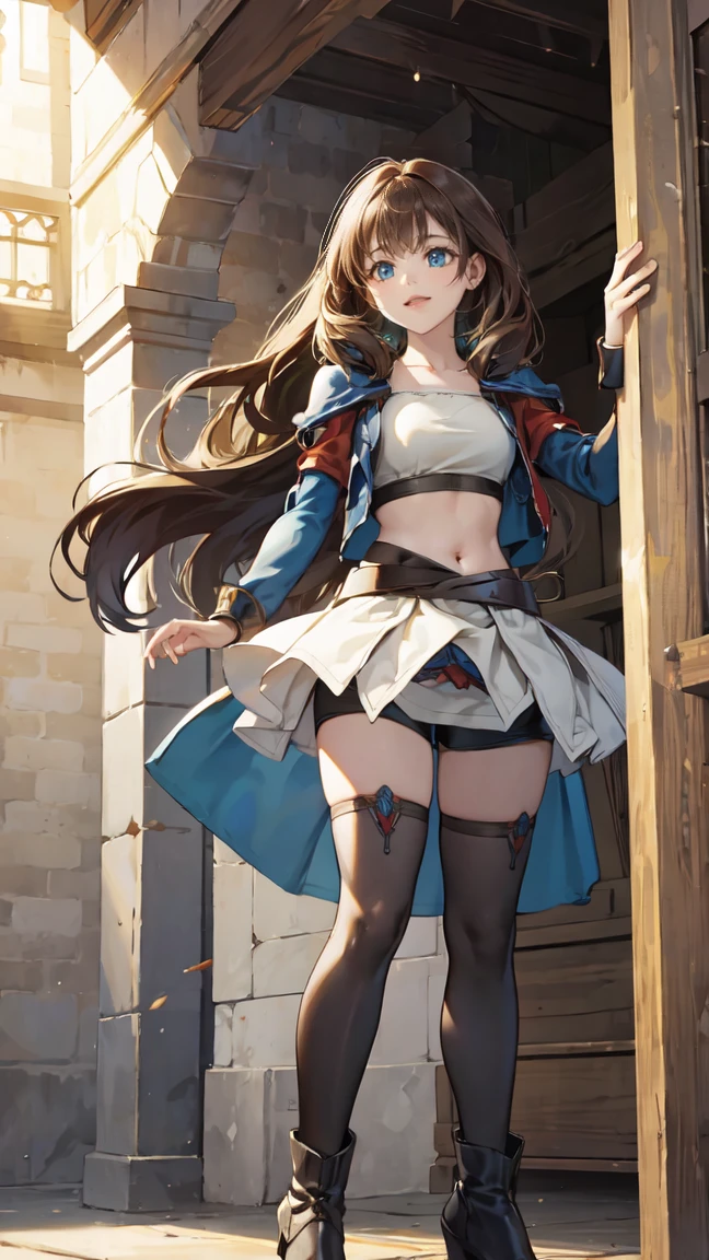 1masterpiece, perfectly detailed, high-resolution, 4k quality. Full body, 1girl, solo, mature woman, long brown hair, hime cut stile, blue eyes almond, medium breasts, collarbone, hip bones, adventurer, sports bra, bicycle shorts, miniskirt, bicycle shorts under miniskirt,  open mini jacket, puffed poet sleeves,  high heels boots, thigh_highs, caramel sword, caramel bow, anime style, medieval fantasy style, looking at viewer, smiling, lovely smiling, upskirt, skirt lifth, nipples, 